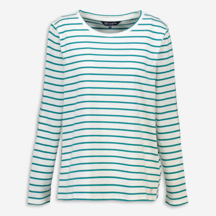 White & Teal Striped Top - Image 1 - please select to enlarge image