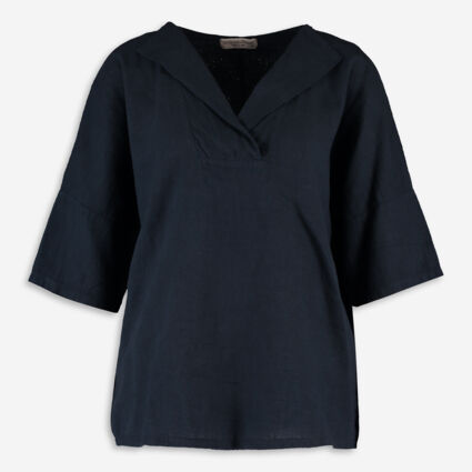 Navy Polo Neck Linen Blend Blouse - Image 1 - please select to enlarge image