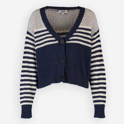 Navy & White Crop Knit Cardigan - Image 1 - please select to enlarge image