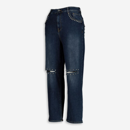Mid Blue Ripped Knee Rhinestone Denim Jeans - Image 1 - please select to enlarge image