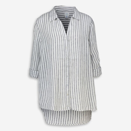 White & Blue Linen Striped Blouse - Image 1 - please select to enlarge image