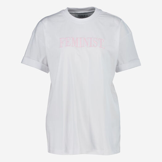 Weißes T-Shirt mit Text-Stickerei - Bild 1 - bitte auswählen, um das Bild zu vergrößern