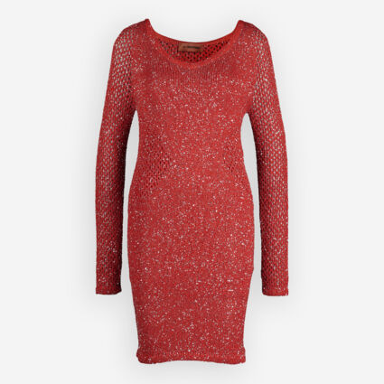 Red Open Knit Sequin Long Sleeve Dress - Image 1 - please select to enlarge image