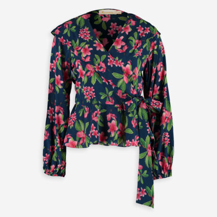 Navy & Pink Wrap Summer Blouse - Image 1 - please select to enlarge image
