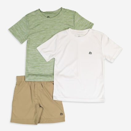 Three Piece White & Green T Shirt & Shorts Outfit - Image 1 - please select to enlarge image