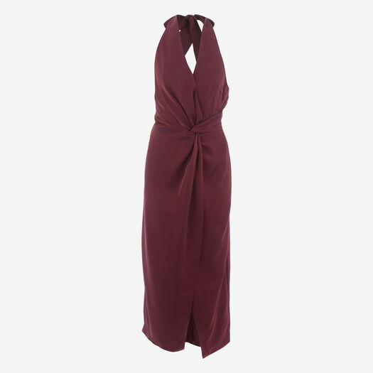 Merlot Satin Tie Neck Midi Dress - Image 1 - please select to enlarge image