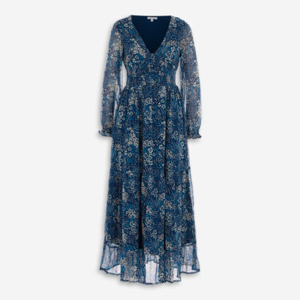 Blue Patterned Midi Dress - Image 1 - please select to enlarge image