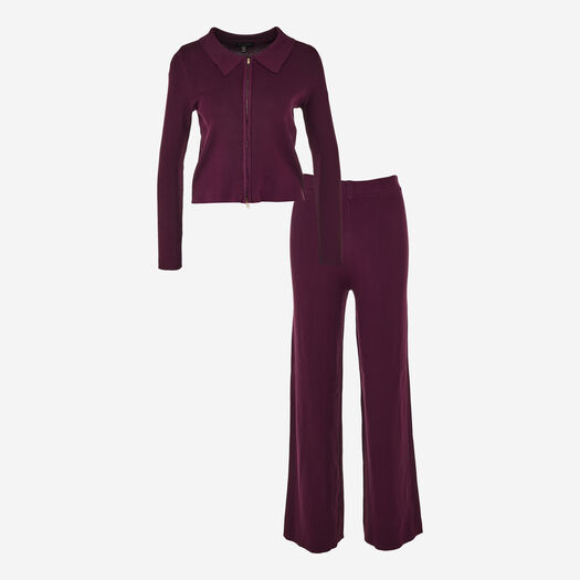 2-teiliges dunkelviolettes Set aus Strickjacke und Hose - Bild 1 - bitte auswählen, um das Bild zu vergrößern