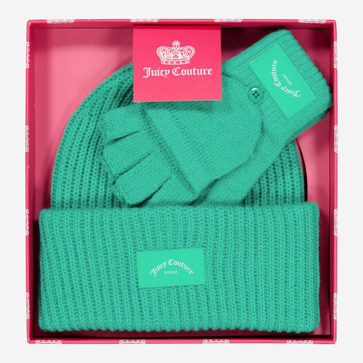 Green Ribbed Beanie Hat & Fingerless Gloves Set - Image 1 - please select to enlarge image