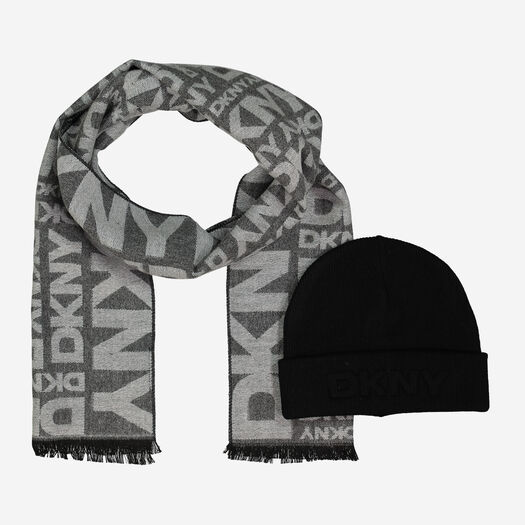 Ivory & Black Logo Pattern Hat & Scarf Set - Image 1 - please select to enlarge image