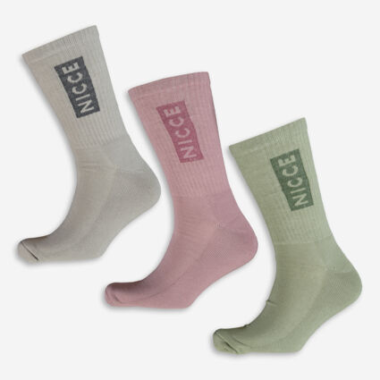 Three Pack Green Grey & Blush Crew Socks - Image 1 - please select to enlarge image