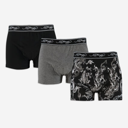 Three Pack Black Patterned Logo Boxers  - Image 1 - please select to enlarge image