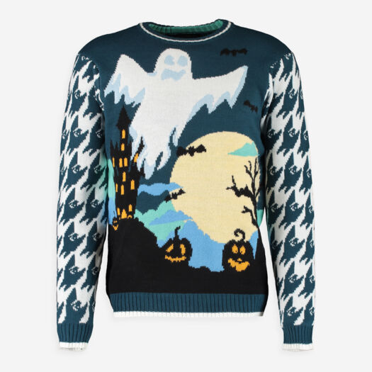 Blue Knitted Halloween Theme Jumper  - Image 1 - please select to enlarge image