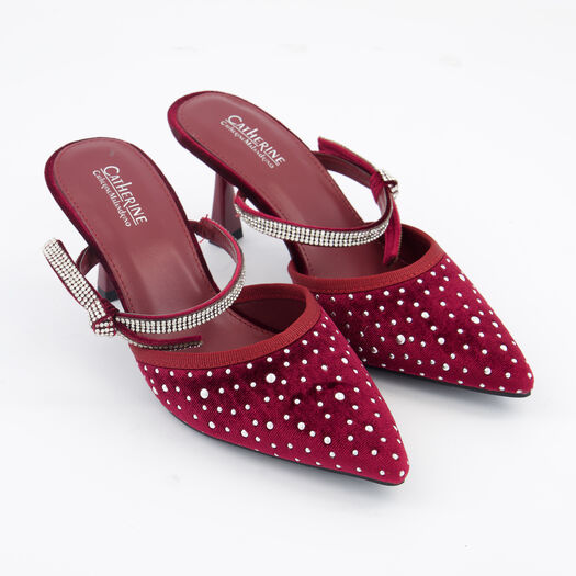 Burgundy Embellished Baney Velvet Heels - Image 1 - please select to enlarge image