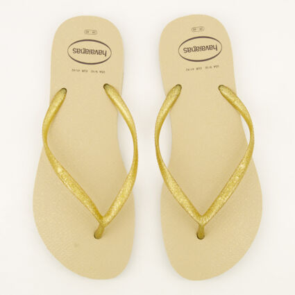 Gold Tone Gloss Flip Flops - Image 1 - please select to enlarge image