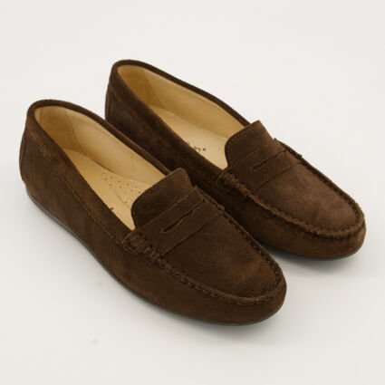 Chocolate Suede Penny Loafers - Image 1 - please select to enlarge image
