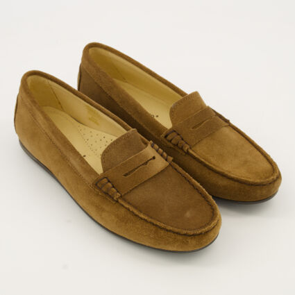 Dark Tan Suede Penny Loafers - Image 1 - please select to enlarge image