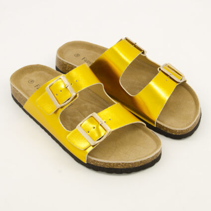 Gold Double Strap Flat Sandals  - Image 1 - please select to enlarge image