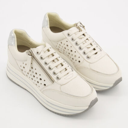 Cream Leather Perforated Trainers  - Image 1 - please select to enlarge image