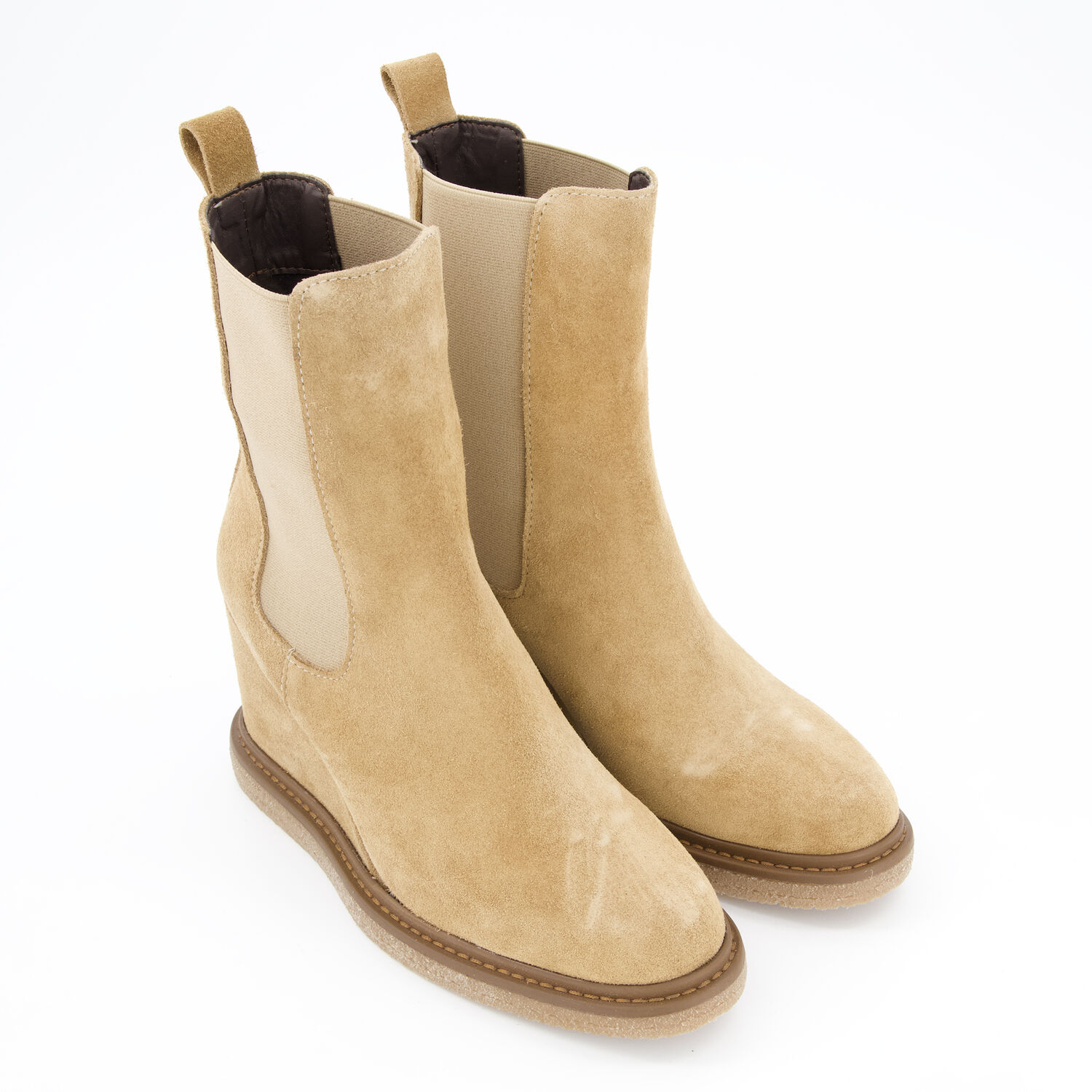 Damen Stiefel Beige Wildleder Stiefel Mit Keilabsatz Beigefarbene