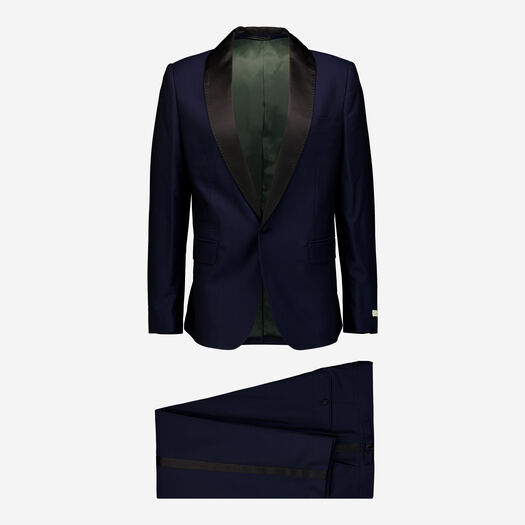 Two Piece Navy Micro Check Satin Accent Suit - Image 1 - please select to enlarge image