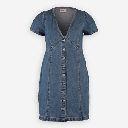 Blue Button Down Mini Dress  - Image 1 - please select to enlarge image