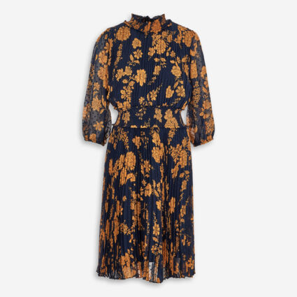 Navy & Gold Floral Pleated Dress - Image 1 - please select to enlarge image