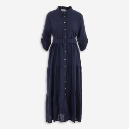 Navy Linen Blend Shirt Midi Dress - Image 1 - please select to enlarge image