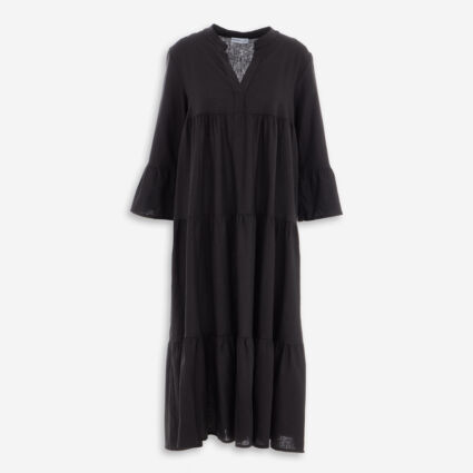 Black Tiered Linen Blend Midi Dress - Image 1 - please select to enlarge image