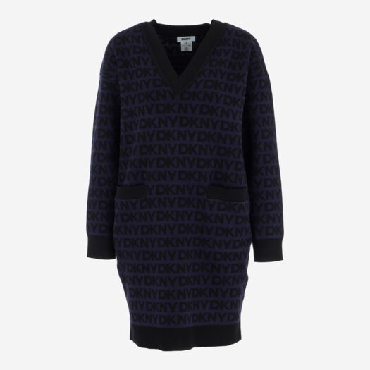 Navy & Black Logo Patterned Knitted Sweater Dress  - Image 1 - please select to enlarge image