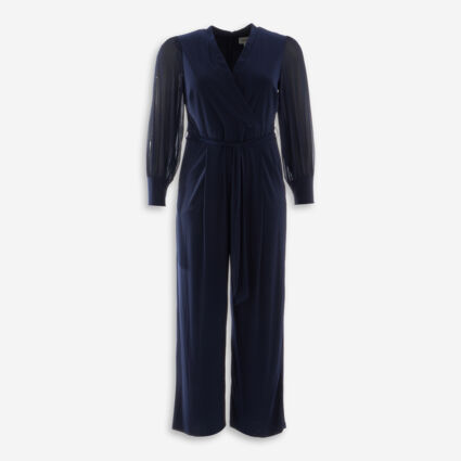 Navy Mesh Sleeve Jumpsuit  - Image 1 - please select to enlarge image