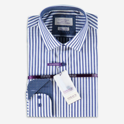 Navy & White Striped Formal Patterned Shirt - Image 1 - please select to enlarge image