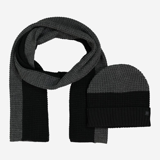 Grey & Black Waffle Scarf & Hat Set  - Image 1 - please select to enlarge image