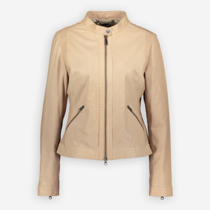 Cream Leather Biker Jacket  - Image 1 - please select to enlarge image