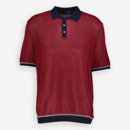 Red & Navy Knitted Polo Shirt - Image 1 - please select to enlarge image