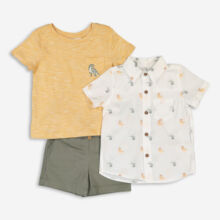 White & Yellow Three Top & Shorts Set