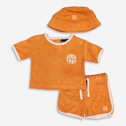 Three Piece Orange Towel Top, Shorts & Hat Set - Image 1 - please select to enlarge image