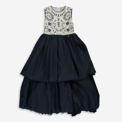 Navy & White Silk Infused Occasion Dress  - Image 1 - please select to enlarge image