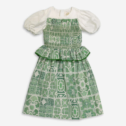 Green & White Patterned Frill Dress - Image 1 - please select to enlarge image