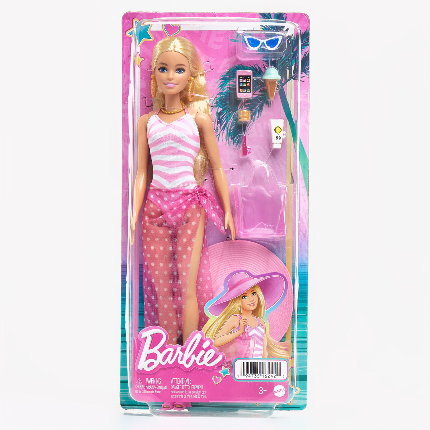 Barbie Beach Doll with Pink Graphic One-Piece Swimsuit