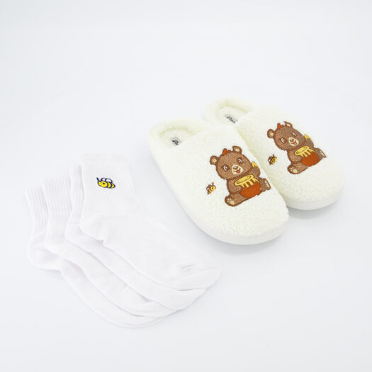 3-teiliges weißes Honeyb Set aus Hausschuhen und Socken - Bild 1 - bitte auswählen, um das Bild zu vergrößern