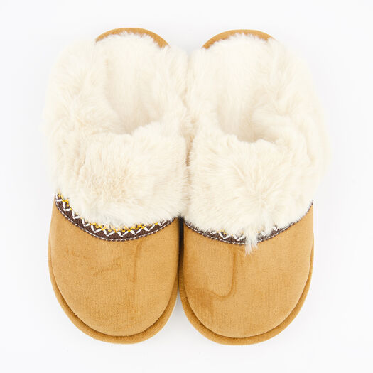 Brown & Cream Embroidered Trim Slippers - Image 1 - please select to enlarge image