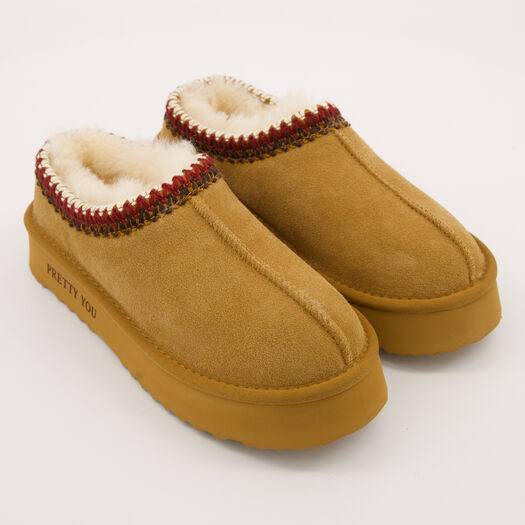 Chestnut Platform Sheepskin Slippers - Image 1 - please select to enlarge image