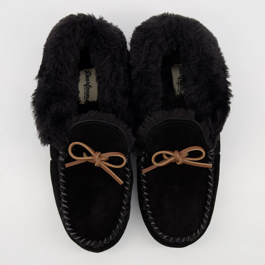 Black Suede Moccasin Slippers - Image 1 - please select to enlarge image