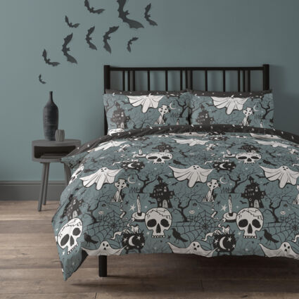 Double Grey Haunted Halloween Duvet Cover Set - Image 1 - please select to enlarge image