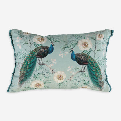 Green Floral Peacock Cushion 35x60cm - Image 1 - please select to enlarge image