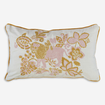 White & Yellow Embroidered Lion Cushion 48x30cm - Image 1 - please select to enlarge image