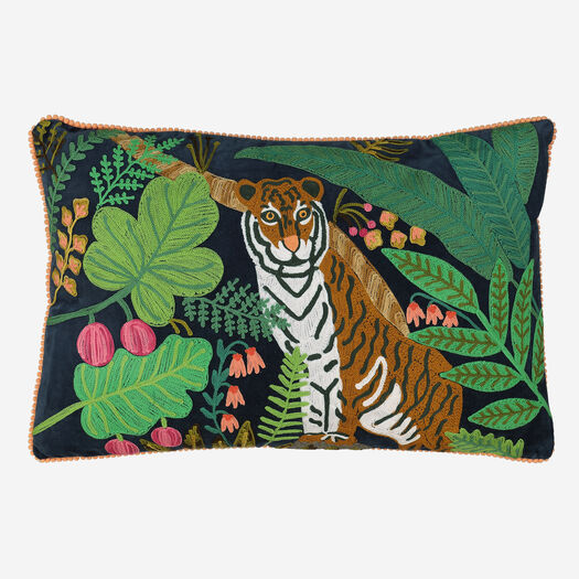 Indigo Embroidered Tiger Cushion 60x40cm - Image 1 - please select to enlarge image
