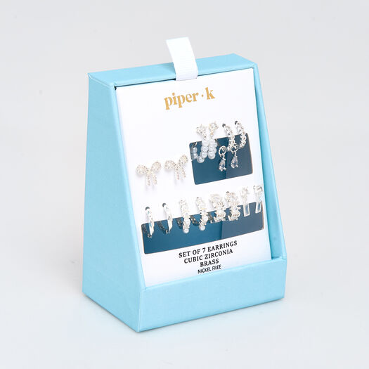 Seven Piece Silver Tone Brass Mixed Earring Set  - Image 1 - please select to enlarge image