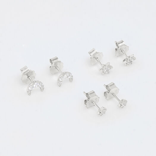 Three Pack Sterling Silver Star & Moon Stud Earrings - Image 1 - please select to enlarge image